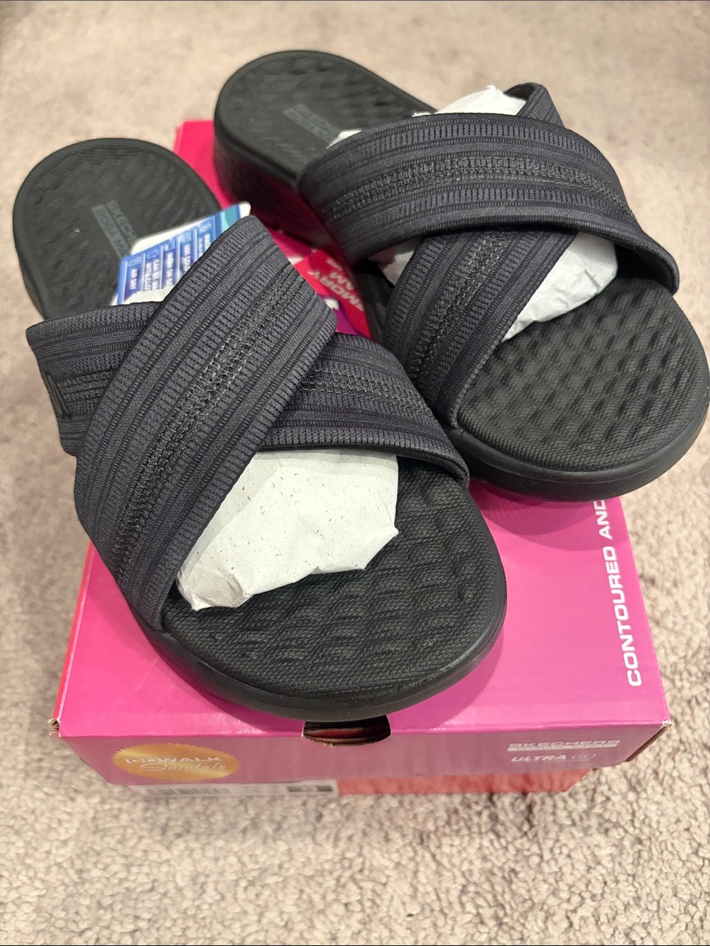 Skechers women’s  Black Crossband Slide Sandals